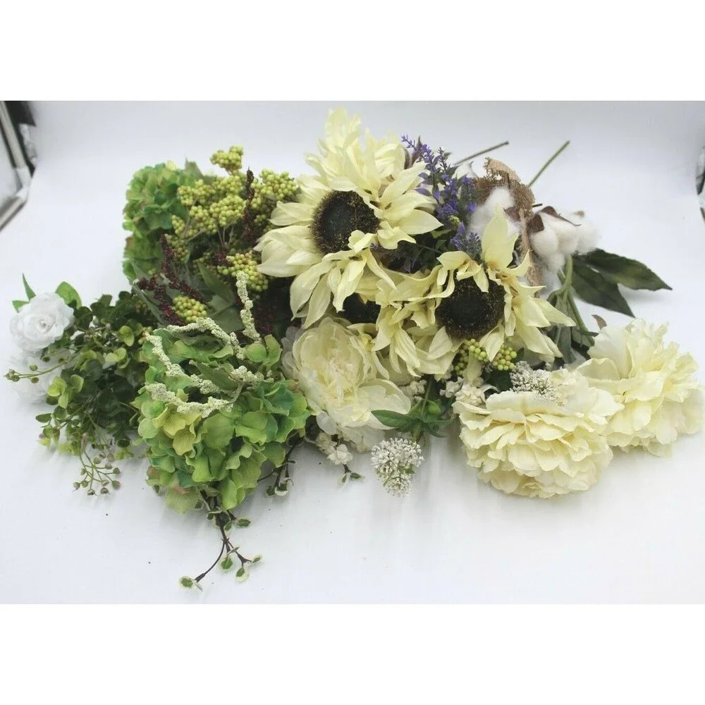 Farmhouse Spring Floral Bouquet ~20 Stems Lot Faux Flowers Cotton White Ivory